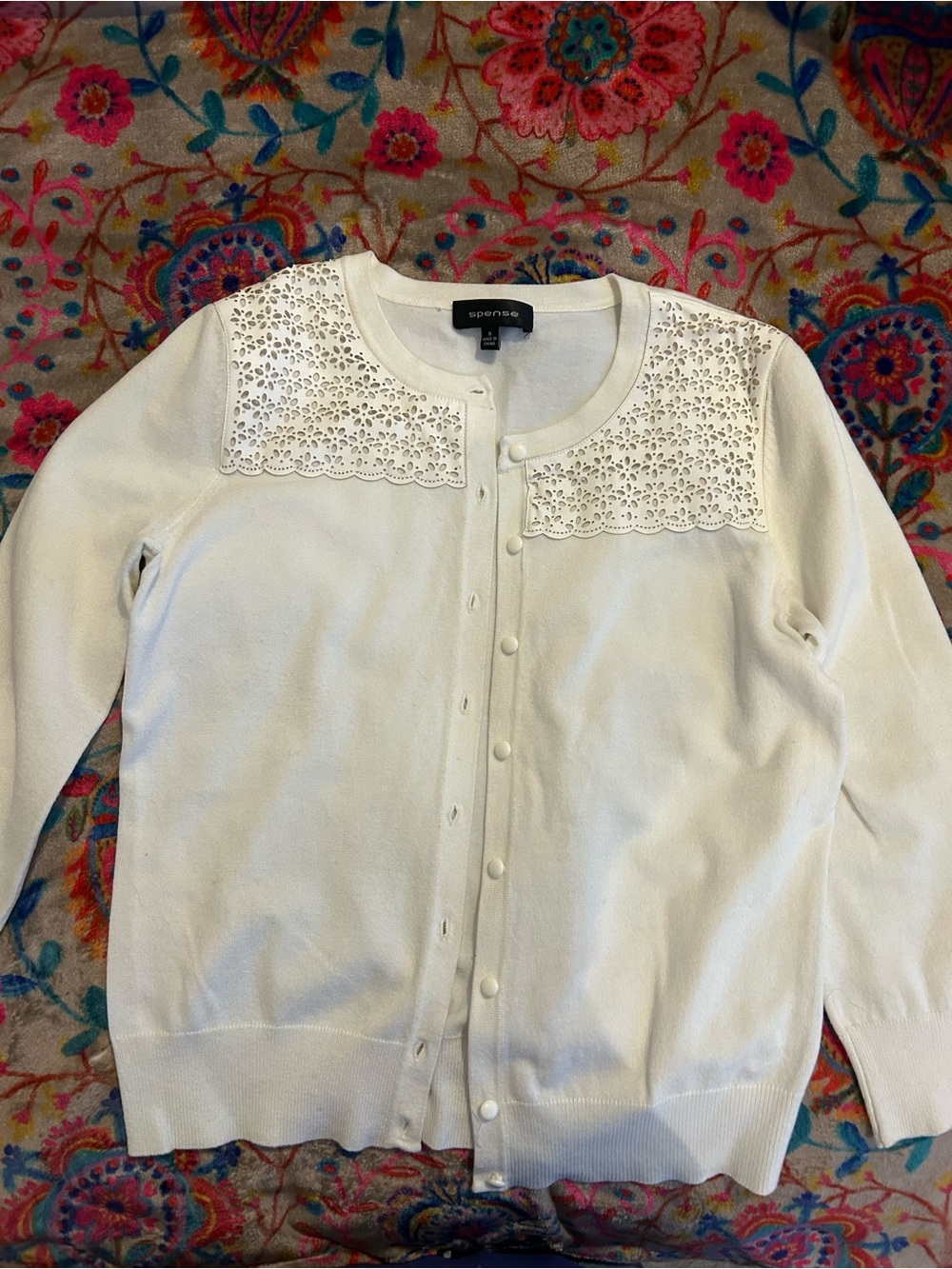 Spense Cream Button-Front Eyelet Yoke Cardigan
